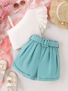 Tween Girl Asymmetrical Neck Ruffle Trim Top & Paperbag Waist Roll Up Hem Belted Shorts - Blue and White - View 7