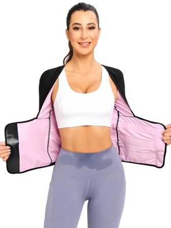 1 件女式短袖运动服，压缩腰部收紧瑜伽/桑拿上衣，适合健身和流汗、塑身和燃烧脂肪、钩环腰部固定短袖紧身衣，适合户外运动的保暖瑜伽运动服