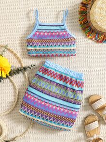 SHEIN 小女童幾何印花吊帶上衣和半身裙 - 彩色 - 查看 2