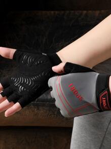 1 đôi Găng tay thể thao nửa ngón họa tiết chữ cái - Xám - Xem 1
