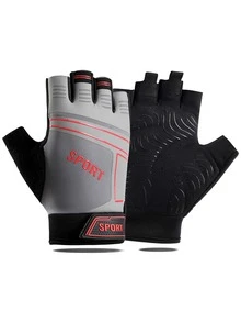 1 đôi Găng tay thể thao nửa ngón họa tiết chữ cái - Xám - Xem 2