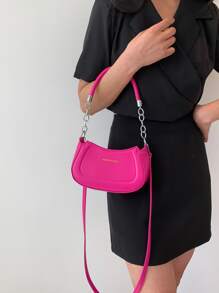Mini Hobo Bag Letter Graphic PU Neon Pink - Hot Pink - View 3