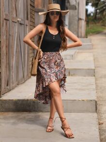 SHEIN VCAY Paisley Print Ruffle Hem Skirt