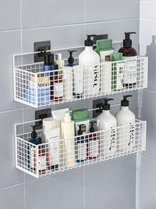 1pc Wall Mounted Bathroom Storage Rack, White Iron Storage Shelf For Bathroom - White - View 1