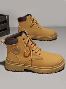 男士字母貼飾雙色前綁帶戶外馬丁靴 - 棕色 - 查看 1