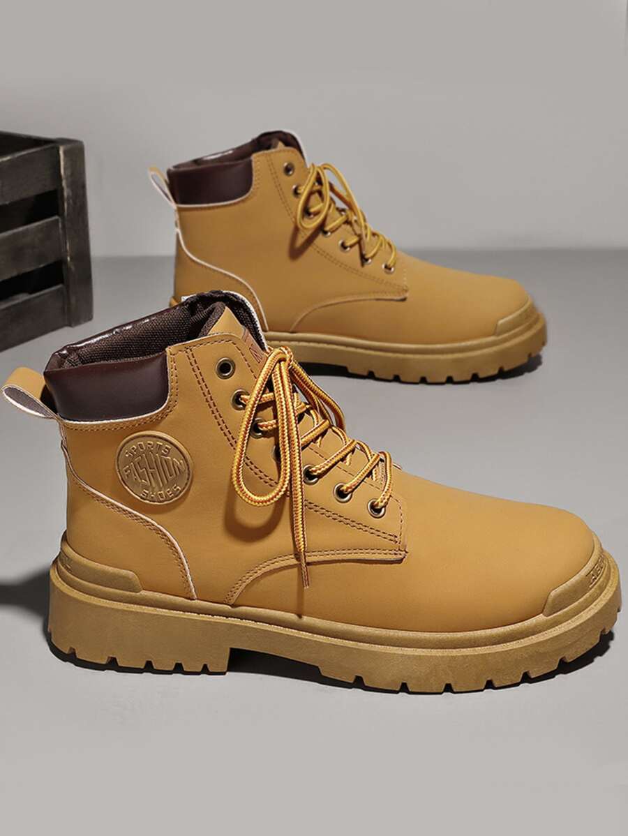 男士字母貼飾雙色前綁帶戶外馬丁靴 - 棕色 - 查看 1
