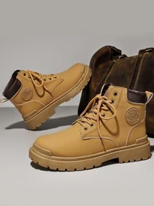 男士字母貼飾雙色前綁帶戶外馬丁靴 - 棕色 - 查看 2