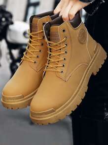 男士字母貼飾雙色前綁帶戶外馬丁靴 - 棕色 - 查看 3