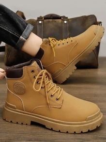 男士字母貼飾雙色前綁帶戶外馬丁靴 - 棕色 - 查看 4