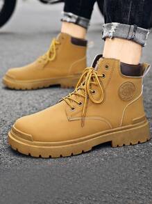 男士字母貼飾雙色前綁帶戶外馬丁靴 - 棕色 - 查看 5