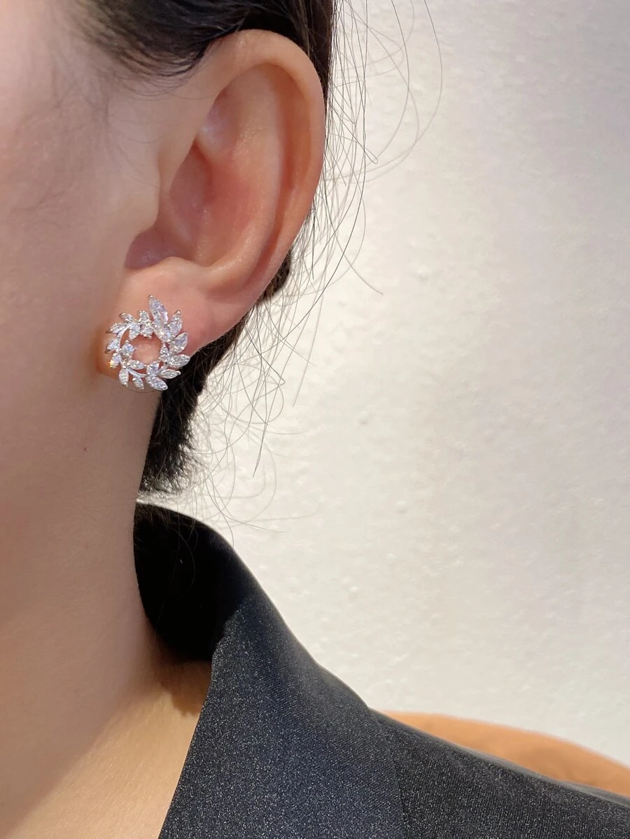 2pcs Cubic Zirconia Decor Stud Earrings - Silver - View 1