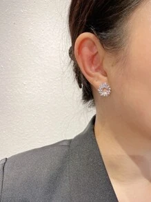 2pcs Cubic Zirconia Decor Stud Earrings - Silver - View 3