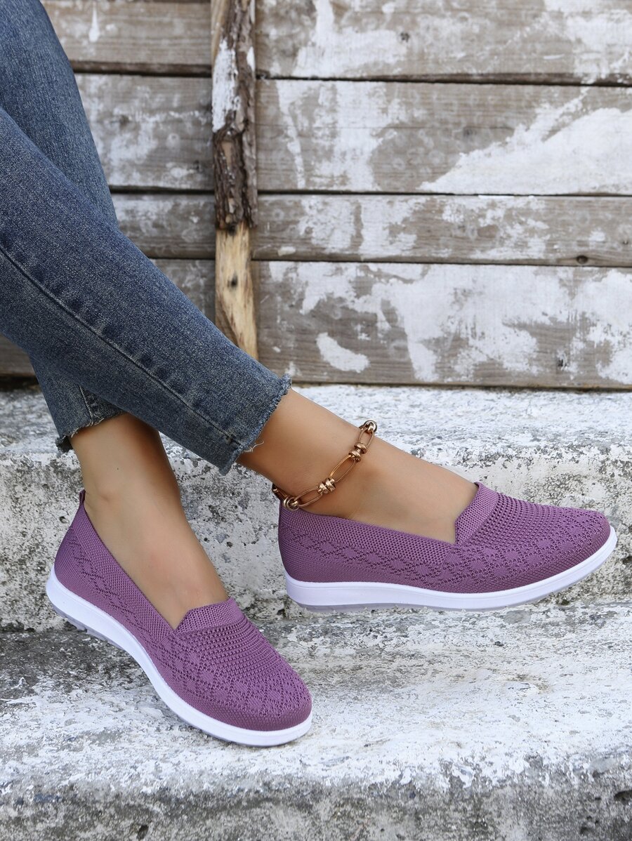 Women Ribbed Breathable Slip On Casual Shoes, Sporty Outdoor Fabric Shoes