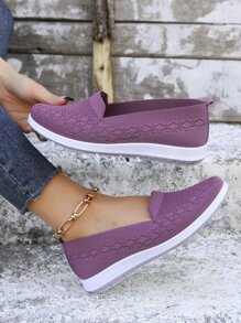 Women Ribbed Breathable Slip On Casual Shoes, Sporty Outdoor Fabric Shoes