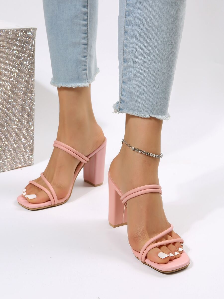 女士細帶粗跟時尚粉色穆勒涼鞋