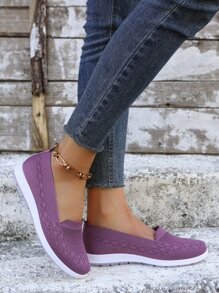 Women Ribbed Breathable Slip On Casual Shoes, Sporty Outdoor Fabric Shoes