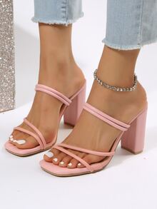 女士細帶粗跟時尚粉色穆勒涼鞋