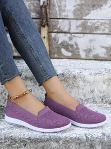 Women Ribbed Breathable Slip On Casual Shoes, Sporty Outdoor Fabric Shoes