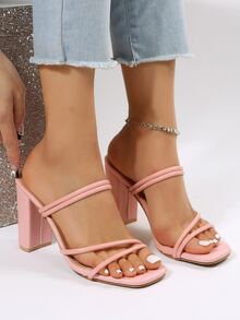 女士細帶粗跟時尚粉色穆勒涼鞋