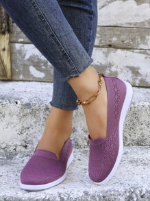 Women Ribbed Breathable Slip On Casual Shoes, Sporty Outdoor Fabric Shoes