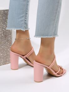 女士細帶粗跟時尚粉色穆勒涼鞋