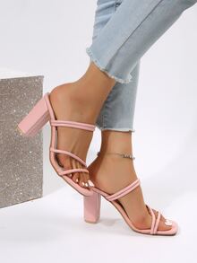 女士細帶粗跟時尚粉色穆勒涼鞋