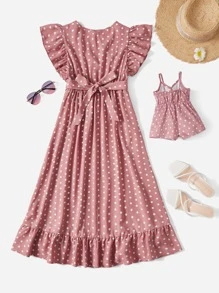 SHEIN Maternity 1pc Polka Dot Print Ruffle Hem Nursing Dress - Coral Pink - View 4