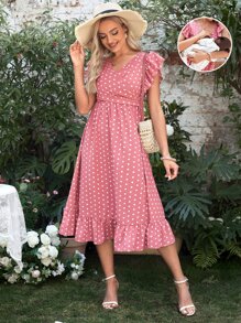 SHEIN Maternity 1pc Polka Dot Print Ruffle Hem Nursing Dress - Coral Pink - View 7