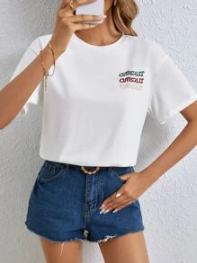 SHEIN Frenchy Letter Graphic Drop Shoulder Tee - White - View 3