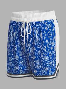 ROMWE MEN Guys Paisley Print Drawstring Waist Shorts - Blue and White - View 1