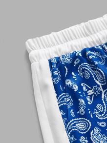 ROMWE MEN Guys Paisley Print Drawstring Waist Shorts - Blue and White - View 3