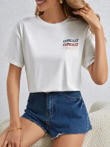 SHEIN Frenchy Letter Graphic Drop Shoulder Tee - White - View 5