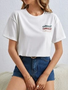 SHEIN Frenchy Letter Graphic Drop Shoulder Tee - White - View 6