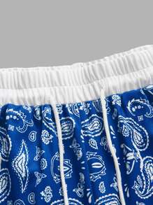 ROMWE MEN Guys Paisley Print Drawstring Waist Shorts - Blue and White - View 4