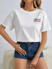 SHEIN Frenchy Letter Graphic Drop Shoulder Tee - White - View 1