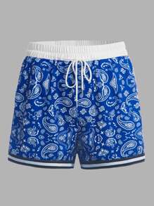 ROMWE MEN Guys Paisley Print Drawstring Waist Shorts - Blue and White - View 5