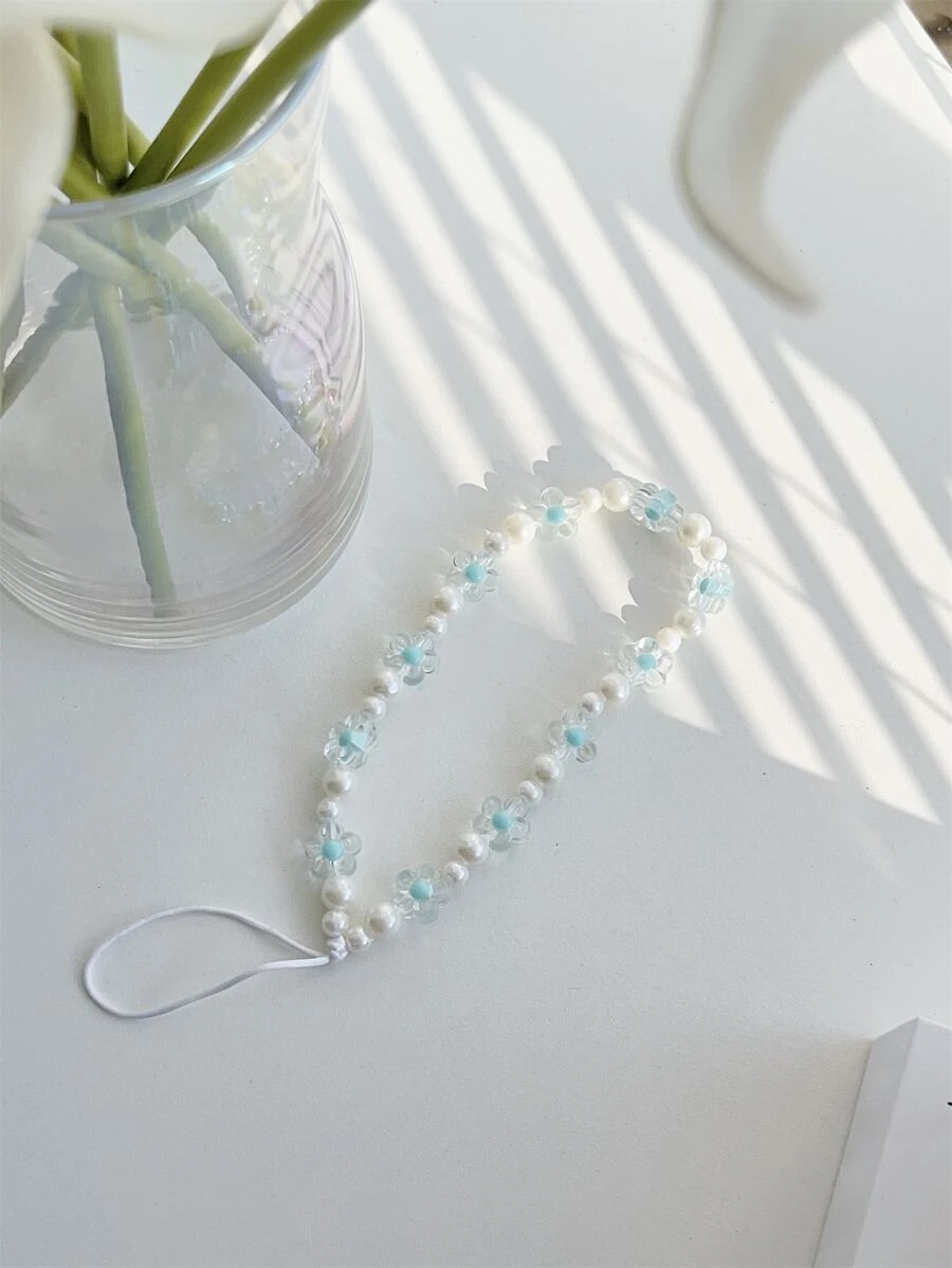 Faux Pearl Decor Beaded Phone Lanyard - Baby Blue - View 1