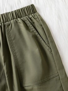 SHEIN Explorewe Calça casual plissada com vários bolsos e cintura elástica para meninas