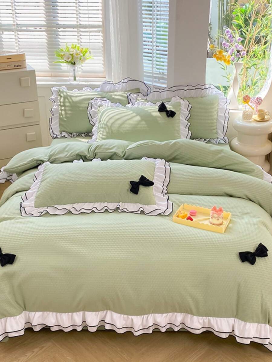 Bow Decor Ruffle Duvet Cover Set Without Filler, Mint Green Cute Bedding For Bedroom - Mint Green - View 1