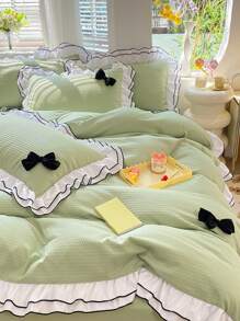 Bow Decor Ruffle Duvet Cover Set Without Filler, Mint Green Cute Bedding For Bedroom - Mint Green - View 9