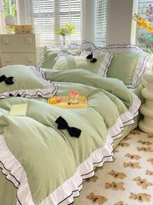 Bow Decor Ruffle Duvet Cover Set Without Filler, Mint Green Cute Bedding For Bedroom - Mint Green - View 10