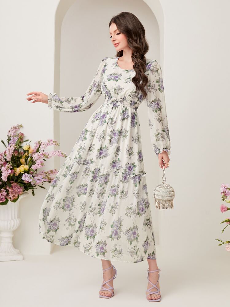 Modelyn Floral Print Lantern Sleeve Ruffle Hem Dress Long Evening Dresses - Multicolor - View 1