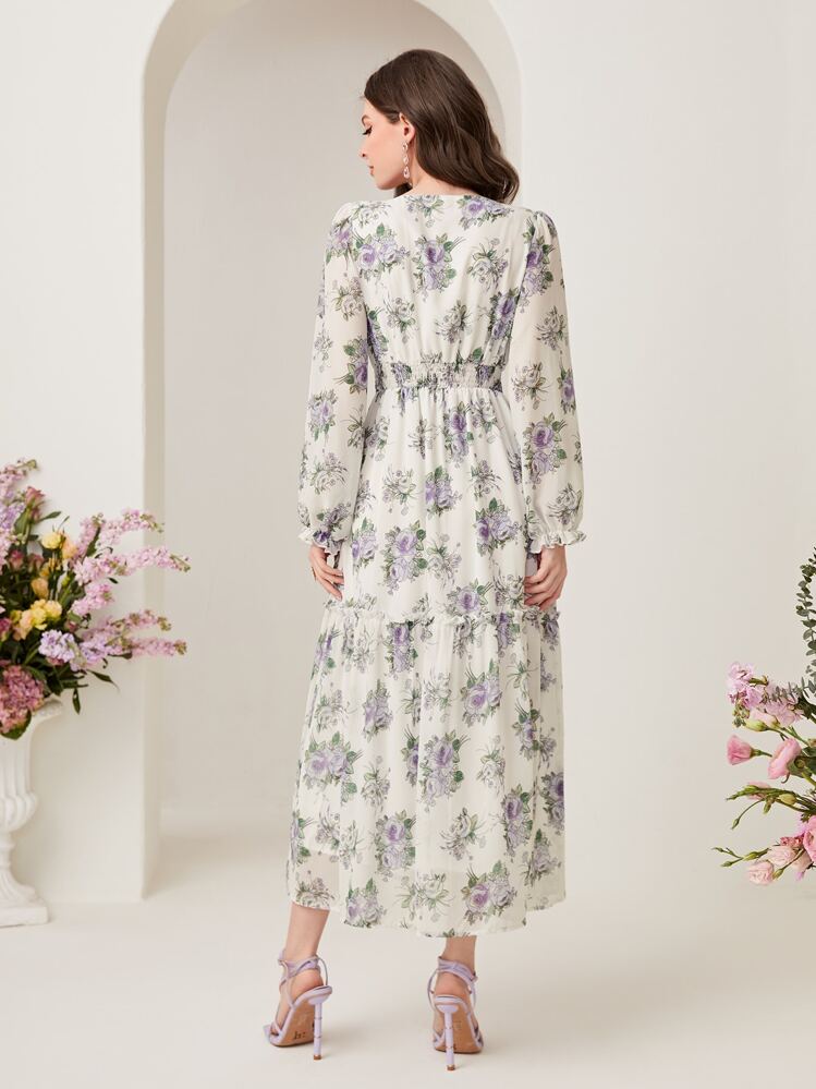 Modelyn Floral Print Lantern Sleeve Ruffle Hem Dress Long Evening Dresses - Multicolor - View 2