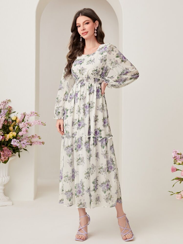 Modelyn Vestido de fiesta largo con mangas de linterna, volantes en el bajo y estampado floral - Multicolor - Añade 3