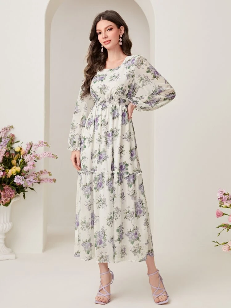 Modelyn Floral Print Lantern Sleeve Ruffle Hem Dress Long Evening Dresses - Multicolor - View 3