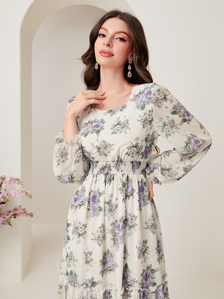 Modelyn Floral Print Lantern Sleeve Ruffle Hem Dress Long Evening Dresses - Multicolor - View 4