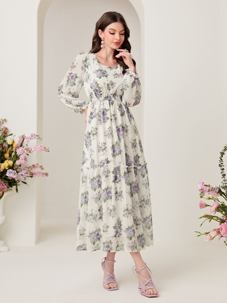 Modelyn Floral Print Lantern Sleeve Ruffle Hem Dress Long Evening Dresses - Multicolor - View 5
