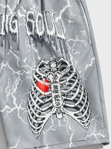 ROMWE MEN Grunge Punk 男士字母与骷髅印花抽绳腰短裤，学校 - 淺灰色 - 查看 4
