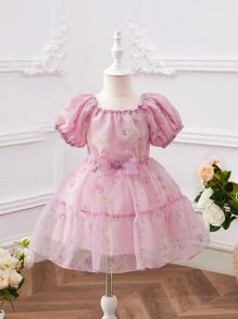 SHEIN 小女童印花泡泡袖前蝴蝶結荷葉邊歐根紗洋裝