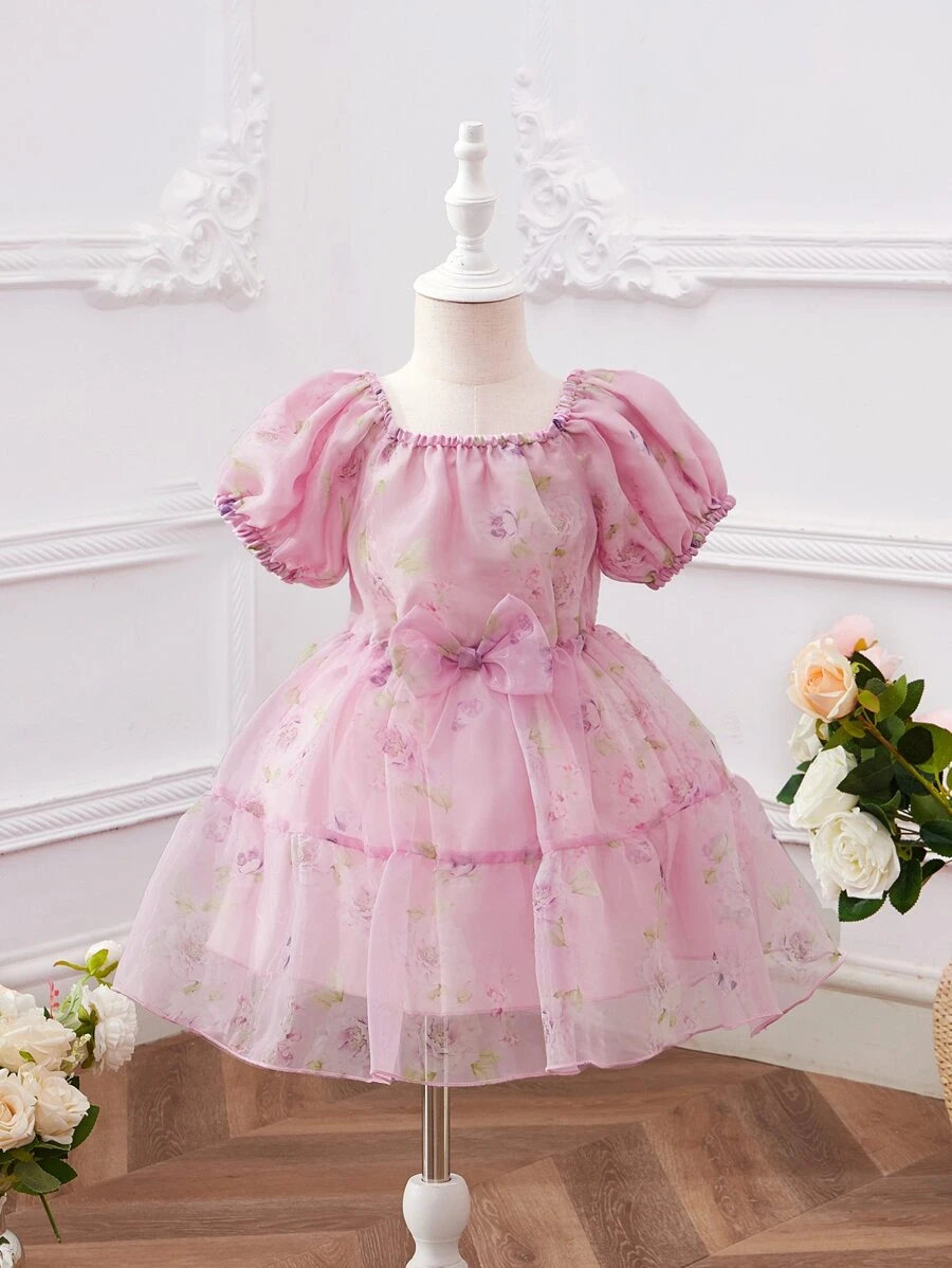 SHEIN 小女童印花泡泡袖前蝴蝶結荷葉邊歐根紗洋裝